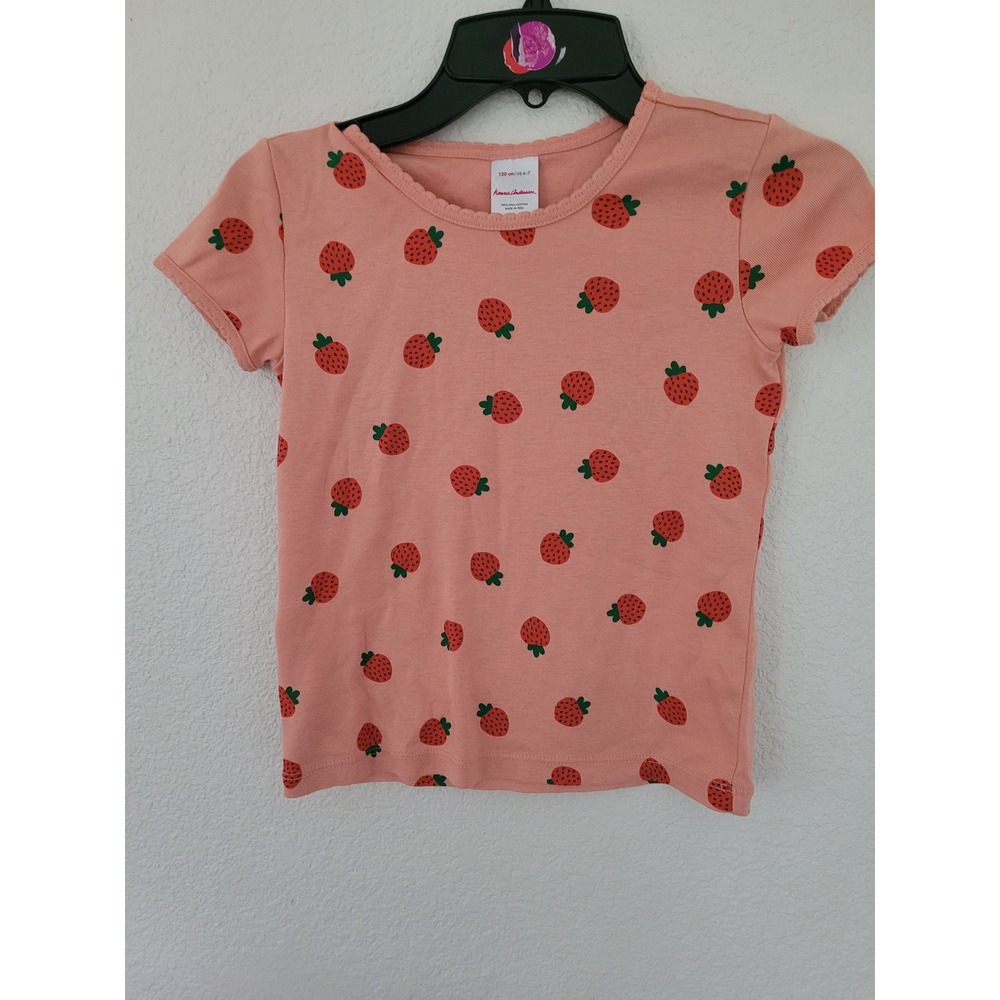 Hanna Andersson Girls Pink Strawberry Pima Cotton Picot Trim Tee Shirt 6-7 #3